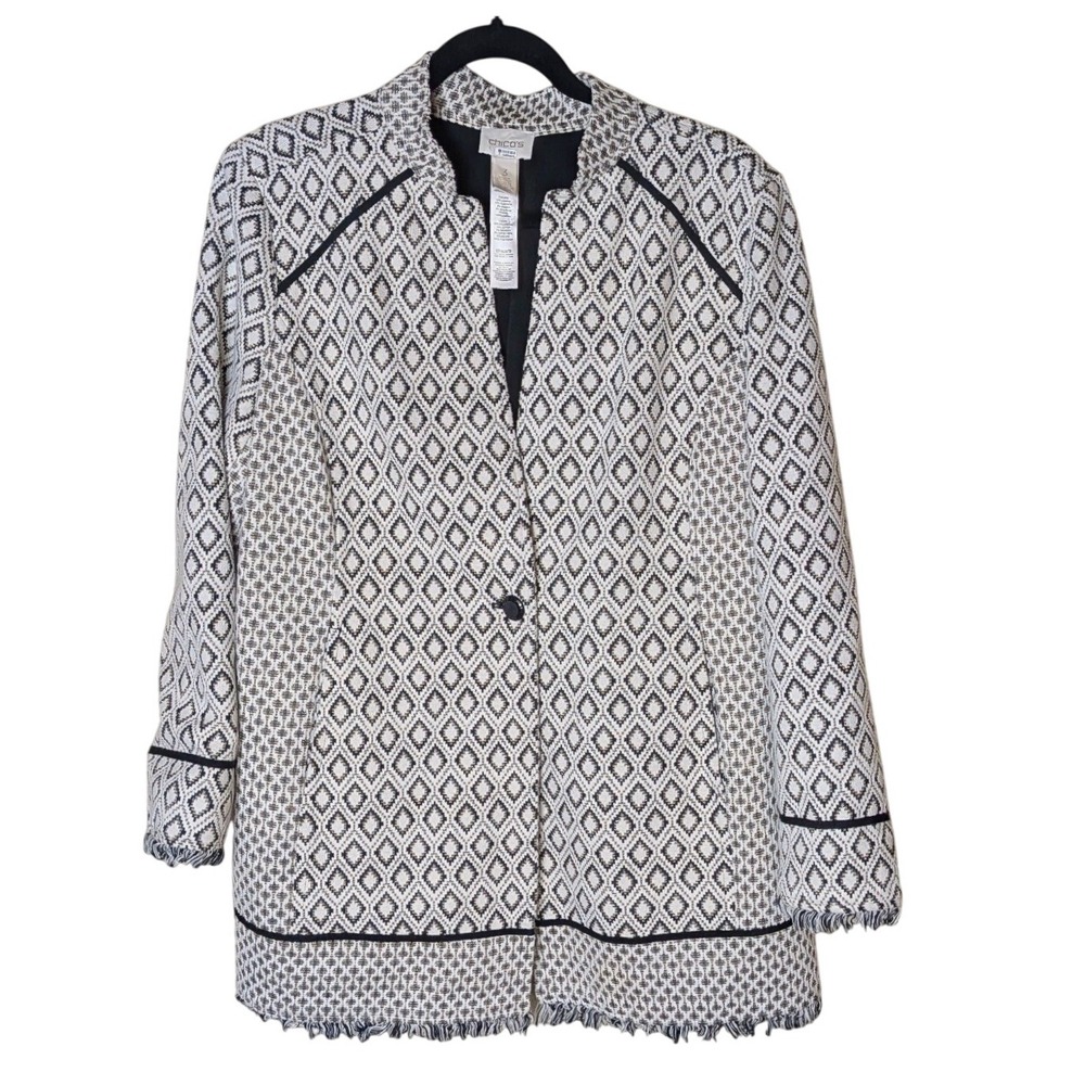 Chico's Diamond‎ Jacquard Knit Travelers Jacket Size 3 (XL) Black Cream Textured